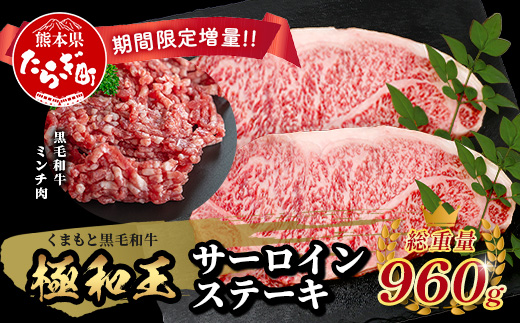《12月終了》《R8.2・3月発送 限定 増量 》 【極 和王】 くまもと黒毛和牛 和王 サーロインステーキ 330g×2 + 黒毛和牛ミンチ300g (計960g) ブランド牛 最高級グレード 極み 上質 旨味 サーロイン ステーキ 冷凍 熊本県 113-0531