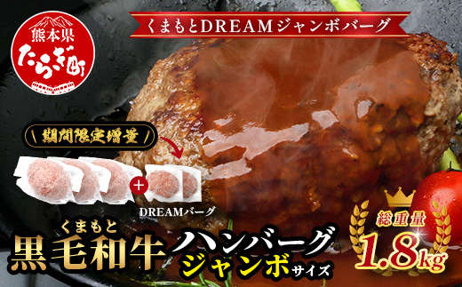 《R7.5・6・7・8・9月発送 限定 増量 》ビッグサイズ！くまもと 黒毛和牛 DREAMジャンボバーグ 500g×3個 + DREAMバーグ 150g×2個 【合計 1.8kg】牛肉 100％ 国産 大 ボリューム 生 ハンバーグ お祝い パーティ 熊本 ブランド牛 113-0535