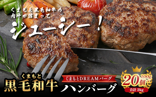 《12月終了》くまもと黒毛和牛 DREAMバーグ 100g×【20個】計 2kg 生 ハンバーグ 牛肉 100％ ブランド牛 黒毛 和牛 お弁当 熊本 上質 肉 惣菜 冷凍 小分け 熊本県
