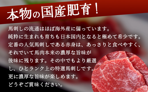 【 国産 】阿蘇肥育 特選 馬刺し 300g 熊本県 阿蘇 肥育 希少 国内産 厳選 赤身 馬刺し 冷凍 馬肉 定番 熊本特産 多良木町 ばさし 肉 030-0715