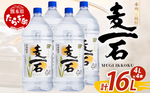 【年内お届け】 球磨焼酎【麦一石】4L×4本 エコペット 25度 計16L 麦焼酎 蔵元直送 ※12月18日～28日発送※ 年内発送 年内配送 クリスマス 040-0588-R612