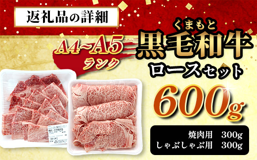 【年内お届け】A4・A5 くまもと黒毛和牛 ロース セット 計600g ( すき焼き / 焼肉 各300g ) ※12月18日～28日発送※ 本場 熊本県 ブランド 牛 黒毛 和牛 厳選 A4 等級以上 A5 肉 上質  年内発送 年内配送 クリスマス