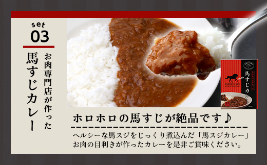 馬刺し燻製 2種 ＆ 馬すじ・くまもとあか牛 2種のカレーセット【 あか牛 カレー 馬肉 カレー くんせい 燻製 総菜 惣菜 おつまみ 非常食 アウトドア BBQ レトルト パウチ 簡単調理 】100-0007