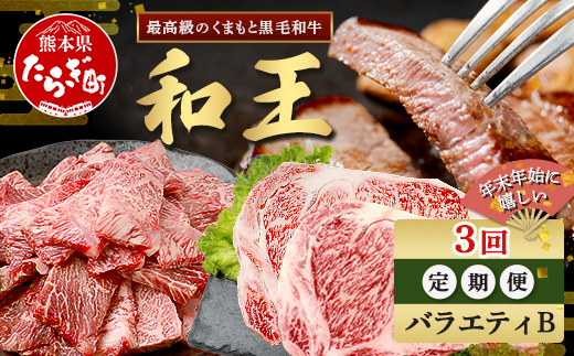 【定期便3回】くまもと 黒毛和牛 (和王) バラエティ 定期便C ブランド牛 定期便 肉 サーロイン ロース ステーキ 焼肉 焼き肉 やきにく 牛肉 お肉 定期便 年末 年始 プレミアム品質 122-0607
