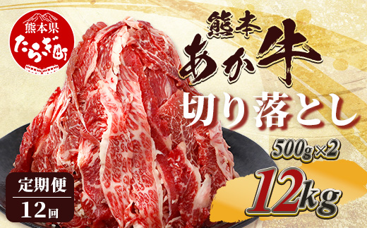 【定期便12回】熊本あか牛 切り落とし 1kg (500g×2)×12回 【 合計 12Kg 】 国産 牛肉 冷凍 熊本 熊本県産 あか牛 赤牛 切り落とし 041-0164