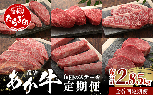 【定期便6回】あか牛希少6種のステーキ 定期便 < サーロイン600g・ランプ450g・ヒレ360g・三角バラ480g・トモサンカク480g・ミスジ480g > 【 牛肉 お肉 ステーキ あか牛 定期便 贅沢 熊本県 】046-0805
