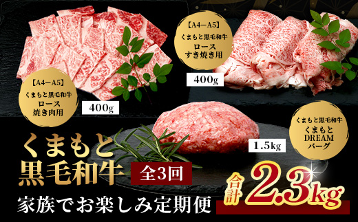 【定期便3回】くまもと黒毛和牛 家族でお楽しみ定期便 《 ロース すき焼き 焼肉 ハンバーグ10個 》【合計2.3kg】ブランド牛 国産 牛肉 冷凍 熊本県 113-0522