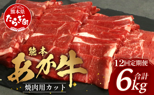 【 定期便 12回 】 熊本あか牛 焼肉用カット ( バラ ・ ロース ) 500g × 12回 【 合計 6kg 】 国産 牛肉 冷凍 熊本 熊本県産 あか牛 赤牛 切り落とし 041-0166