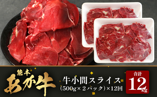 【 定期便 12回 】 熊本県 馬肉 小間スライス 1㎏（500g×2） × 12回 【 合計 12kg 】 【 大容量 本場 熊本県 馬肉 冷凍 真空 熊本 肥育 ヘルシー 赤身 肉 高栄養 肉 】041-0168