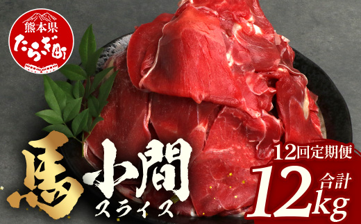 【 定期便 12回 】 熊本県 馬肉 小間スライス 1㎏（500g×2） × 12回 【 合計 12kg 】 【 大容量 本場 熊本県 馬肉 冷凍 真空 熊本 肥育 ヘルシー 赤身 肉 高栄養 肉 】041-0168