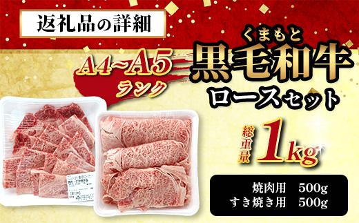 《R8.2・3月発送 限定 増量 》A4・A5 くまもと黒毛和牛 ロース セット 計 1kg ( すき焼き / 焼肉 各500g ) 本場 熊本県 ブランド 牛 黒毛 和牛 厳選 A4 A5 大容量 1キロ 肉 上質 熊本県 113-0533