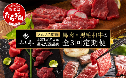 【定期便3回】お肉ソムリエ監修 馬肉・黒毛和牛 定期便 熊本県 ( 馬刺し 食べ比べ / くまもと黒毛和牛 焼肉 / 馬刺し赤身食べ比べ ) ソムリエ セレクト 本場 熊本県 馬肉 牛肉 黒毛和牛 104-0501