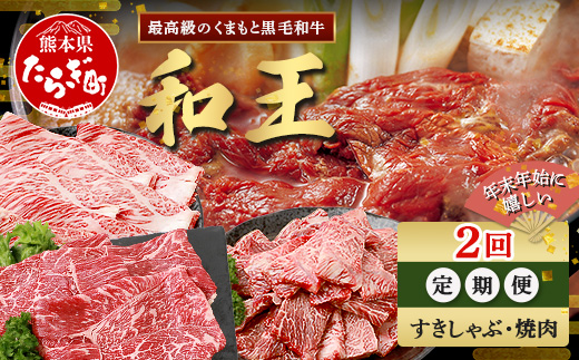 【定期便2回】くまもと 黒毛和牛 (和王) 年末年始 に嬉しい すきしゃぶ・焼肉 定期便【12月/1月配送】合計820g ブランド牛 肉 ロース モモ すき焼き すきやき スキヤキ しゃぶしゃぶ シャブシャブ 焼き肉 やきにく 牛肉 お肉 定期便 年末 年始 年内 発送 プレミアム品質 122-0602