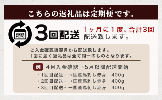 【定期便3回】熊本 馬刺し 赤身 合計約400g ×3回配送 馬さし 定期便 真空パック SQF 認証 千興ファーム 馬肉 新鮮 ヘルシー 赤身 肉 031-0505