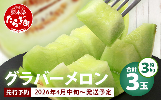 【2026年分 予約】 先行予約 グラバーメロン 3玉 (約3kg) 熊本県 多良木町産 フルーツ 果物 高糖度 メロン ぐらばー めろん 熊本メロン 2026年4月中旬～発送開始　013-0557