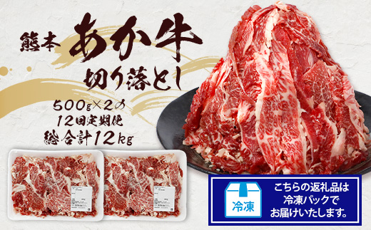 【定期便12回】熊本あか牛 切り落とし 1kg (500g×2)×12回 【 合計 12Kg 】 国産 牛肉 冷凍 熊本 熊本県産 あか牛 赤牛 切り落とし 041-0164