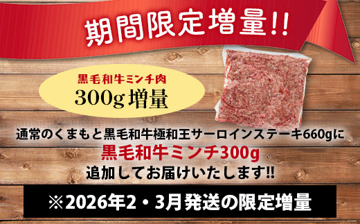 《12月終了》《R8.2・3月発送 限定 増量 》 【極 和王】 くまもと黒毛和牛 和王 サーロインステーキ 330g×2 + 黒毛和牛ミンチ300g (計960g) ブランド牛 最高級グレード 極み 上質 旨味 サーロイン ステーキ 冷凍 熊本県 113-0531