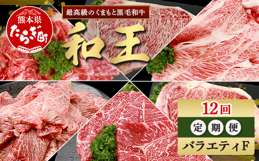 【定期便12回】くまもと 黒毛和牛 (和王) バラエティ 定期便F【合計9.58kg】 ブランド牛 定期便 肉 サーロイン ロース ステーキ モモ すき焼き しゃぶしゃぶ スキヤキ 焼肉 焼き肉 やきにく 牛肉 お肉 1年 12か月 定期便 プレミアム品質 122-0610