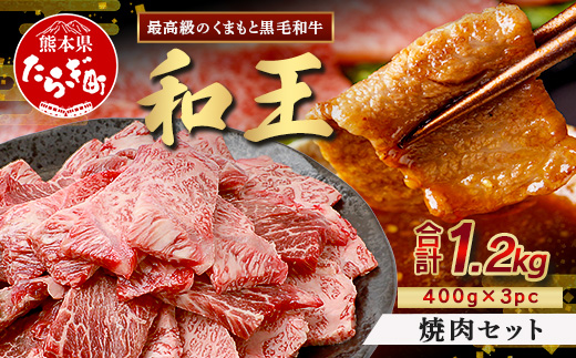 くまもと黒毛和牛(和王) 焼肉 セット 1.2kg(400g×3) ブランド牛 肉 焼き肉 やきにく BBQ アウトドア 牛肉 大容量 小分け 冷凍 精肉 国産 牛 プレミアム品質 122-0512