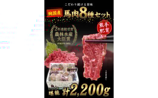 純国産馬肉8種セット 計2200g 《60日以内に出荷予定(土日祝除く)》 熊本肥育 2年連続農林水産大臣賞受賞 送料無料 馬刺し 馬肉 馬スジ ホルモン 燻製 霜降り ハンバーグ 熊本県山江村