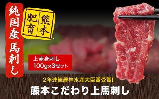 馬刺し 上赤身 ブロック 国産 熊本肥育 冷凍 生食用 たれ付き(10ml×3袋) 100g×3セット 肉 期間限定 絶品 牛肉よりヘルシー 馬肉 予約 平成27年28年 農林水産大臣賞受賞 熊本県山江村《90日以内に出荷予定(土日祝除く)》