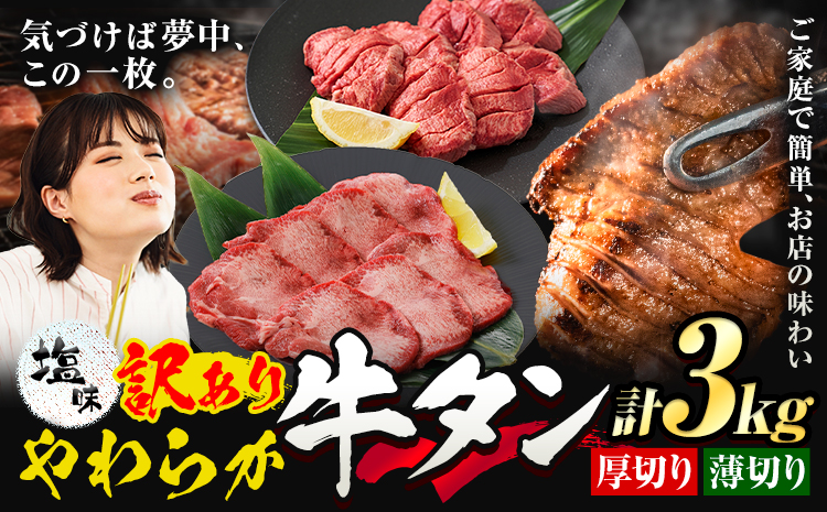牛タン 厚切り 薄切り セット 塩味 3kg 500g×各3袋 《30日以内に出荷予定(土日祝除く)》 牛肉 肉 牛 たん タン 牛たん 焼くだけ 訳あり 焼肉 焼き肉 熊本県 山江村 薄切り BBQ タン下 塩牛タン 冷凍 味付け肉 一番人気 塩味 お取り寄せ