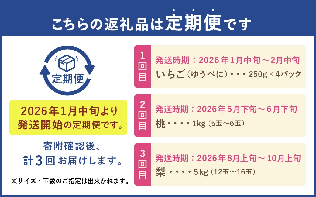 【フルーツ3回定期便】 球磨のいちご 1kg ＋ 桃 1kg ＋ 梨 5kg 【2026年1月中旬〜10月上旬迄順次発送予定】 苺 いちご イチゴ もも モモ なし ナシ 和梨 果物 果実 フルーツ 定期便 九州 熊本県 あさぎり町 冷蔵