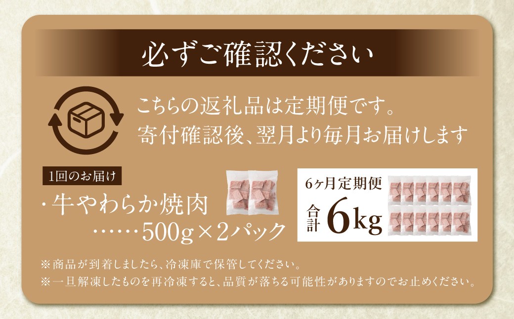 【定期便6回】 牛やわらか焼肉 ／ 1回あたり：500g×2パック 計1kg ／ 焼肉 焼き肉 牛 肉牛 冷凍 熊本県 あさぎり町
