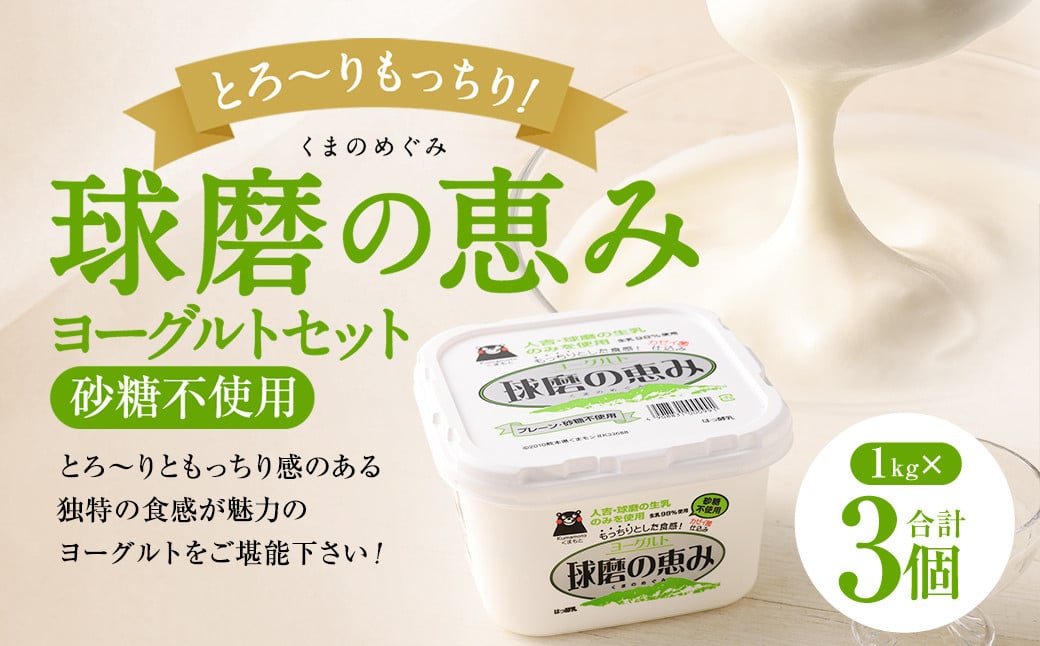 とろ～り食感!!球磨の恵みヨーグルト 砂糖不使用タイプ 1kg×3パック