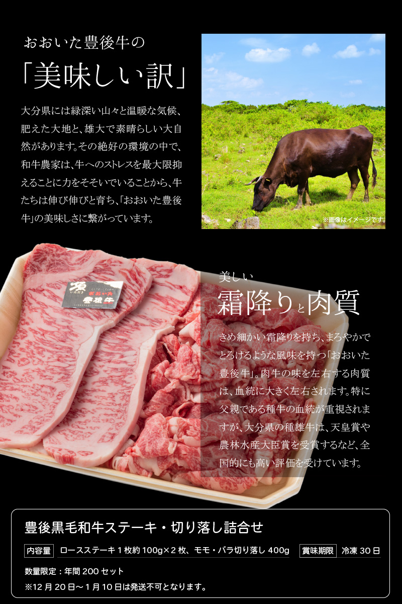 豊後黒毛和牛ステーキ・切り落し詰合せ約600g