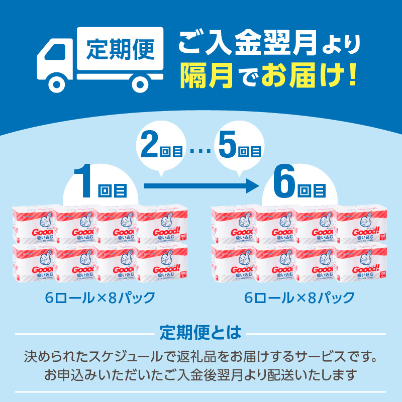 【隔月配送】キッチンタオル100カット（6ロール×8パック）6回お届け定期便