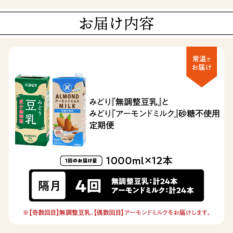 【隔月配送】みどり豆乳 成分無調整 1000ml×12本＋みどりアーモンドミルク 砂糖不使用 1000ml×12本 隔月交互に4回お届け定期便