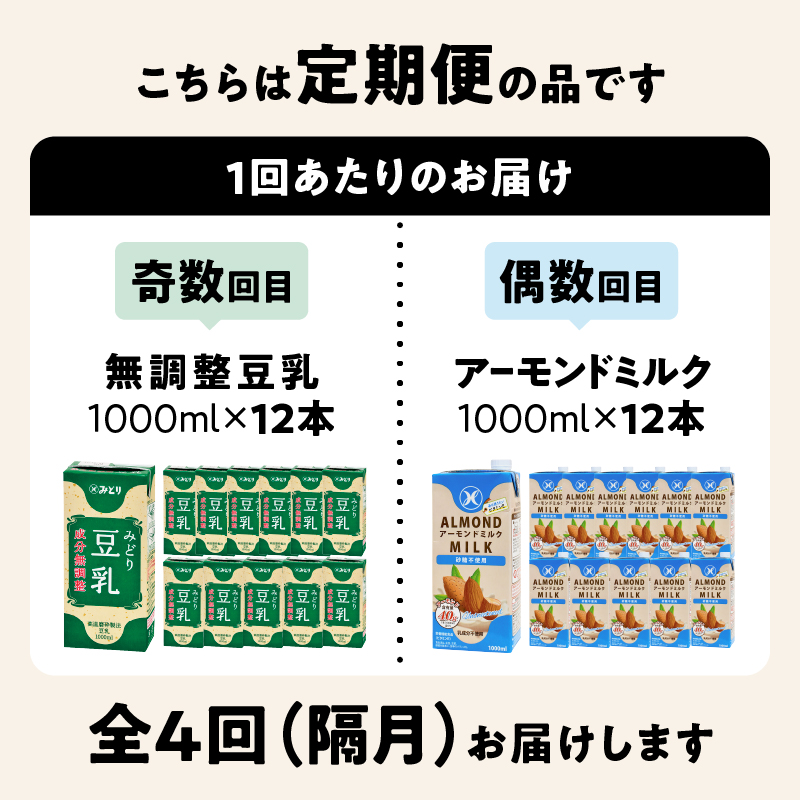 【隔月配送】みどり豆乳 成分無調整 1000ml×12本＋みどりアーモンドミルク 砂糖不使用 1000ml×12本 隔月交互に4回お届け定期便