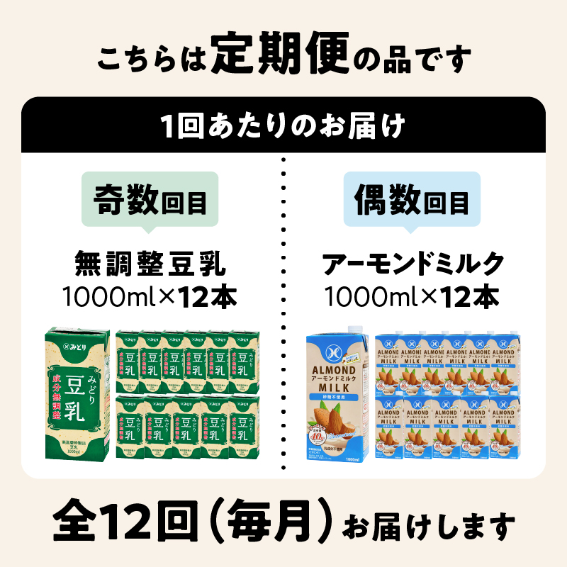 ※先行予約※2026年6月より発送開始！【毎月配送】みどり豆乳 成分無調整 1000ml×12本＋みどりアーモンドミルク 砂糖不使用 1000ml×12本 毎月交互に12回お届け定期便
