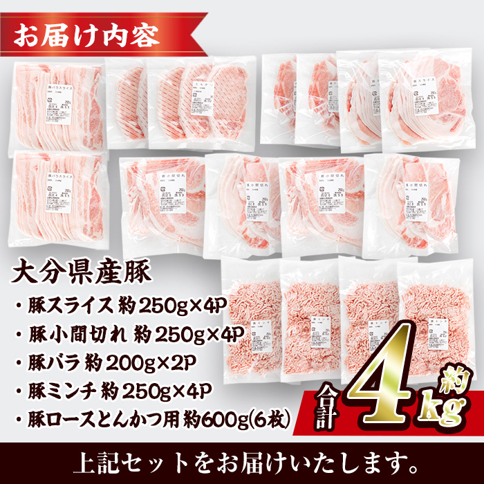 豚肉 バラエティーパック (合計4kg・5種)豚バラ しゃぶしゃぶ 鍋 とんかつ ロース 小分け 個包装 豚こま 小間切れ スライス ミンチ セット 詰め合わせ 冷凍 食べ比べ 国産 大分県 佐伯市【BD325】【西日本畜産】