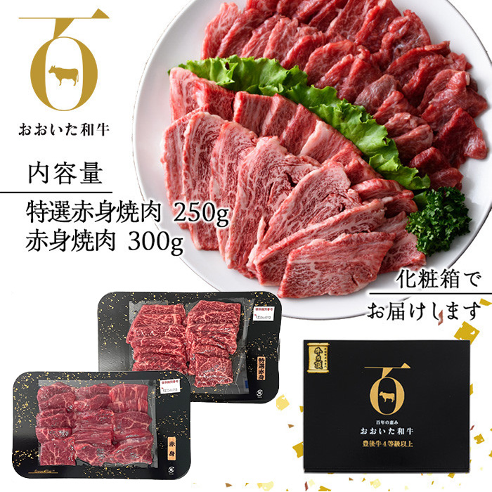 おおいた和牛 赤身 焼肉 2種セット (合計550g・特選赤身焼肉250g+赤身焼肉300g) 国産 牛肉 肉 霜降り 低温熟成 A4 和牛 ブランド牛 BBQ 冷凍 大分県 佐伯市 【DH233】【(株)ネクサ】