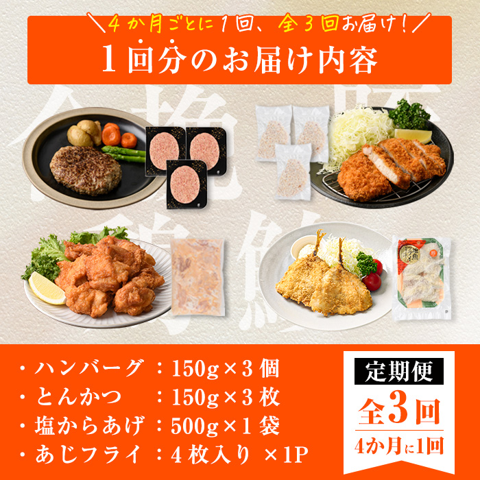 ＜定期便・全3回＞下ごしらえ済みおかず バラエティーセット 4種 (4ヶ月ごとにお届け) 肉 魚 ハンバーグ からあげ 唐揚げ とんかつ あじフライ 冷凍 惣菜 お弁当 簡単 時短 定期便 【DH277】【(株)ネクサ】