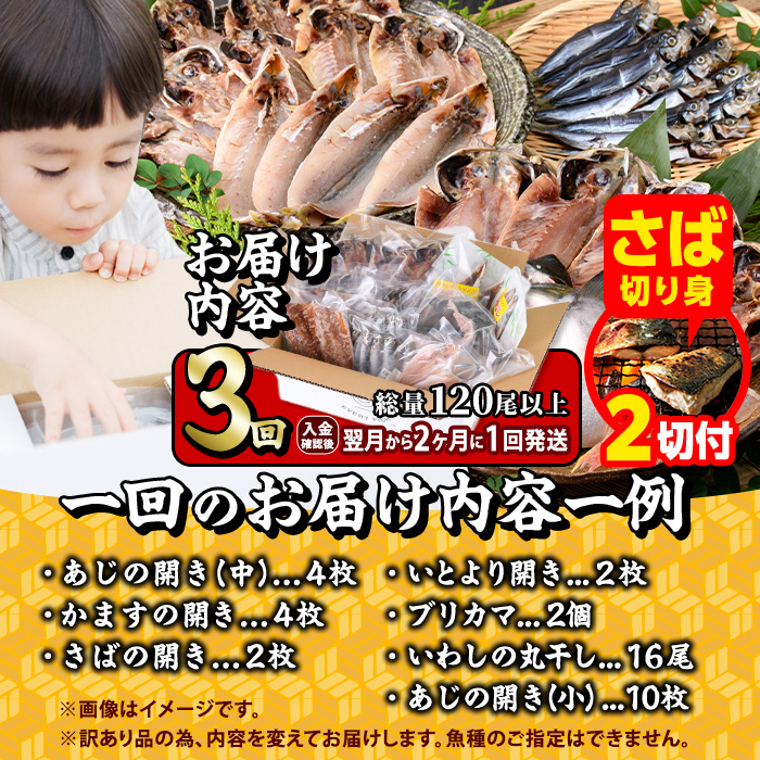 【期間限定・さば切り身2切付】＜定期便・全3回 (隔月)＞訳あり 干物大満足BOX (40尾以上) 定期便 簡単 調理 干物 あじ かます さば いわし みりん干し 丸干し 開き 魚 海鮮 冷凍 詰め合わせ セット 大分県 佐伯市【AQ85-G】【やまろ渡邉】