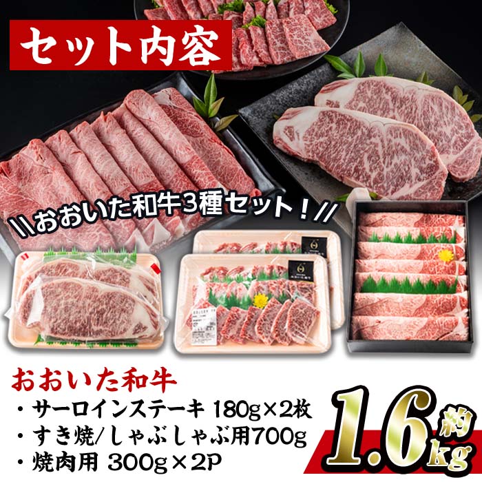 おおいた 和牛 3種 セット (合計1.66kg・サーロインステーキ180g×2枚・ウデ肉700g・焼肉300g×2P) 国産 豊後牛 BBQ 赤身 バーベキュー 惣菜 やきにく おかず 百年の恵み 【BD186】【西日本畜産 (株)】