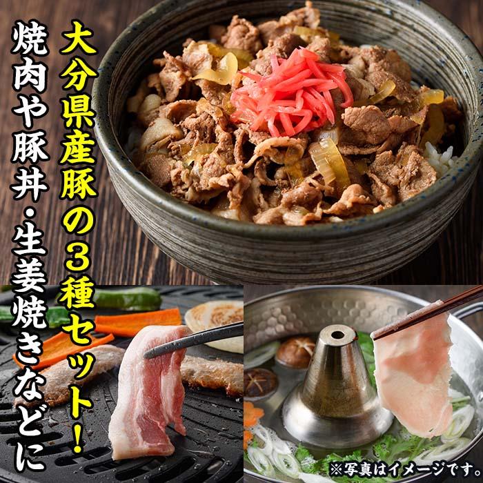 大分県産 豚 セット (合計3kg・焼肉用バラスライス500g×2・ローススライス500g×2・小間肉500g×2) 小分け 豚肉 豚バラ スライス ロース 豚こま しゃぶしゃぶ 鍋 焼肉【BD198】【西日本畜産 (株)】