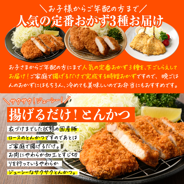 時短おかず・大人気フライ3種セット (お試しサイズ) あじフライ とんかつ チキンカツ フライ セット 冷凍 惣菜 お弁当 簡単 時短 お試し 【DH303】【ネクサ】