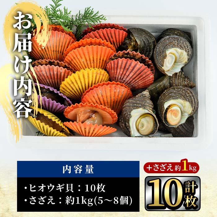 ヒオウギ貝(10枚)とサザエ(約1kg) 魚介 貝 ヒオウギ貝 ひおうぎ貝 サザエ さざえ 栄螺 酒蒸し 網焼き バター焼き バーベキュー 獲れたて 冷蔵 海の直売所 大分県 佐伯市【AS120】【海べ (株)】