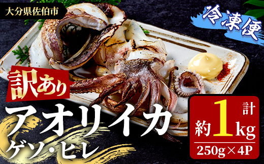 〈訳あり〉加熱用 アオリイカ(ゲソ・ヒレ) (計約1kg・250g×4P) 魚介 イカ 塩焼き 冷凍 おつまみ 海鮮 海の直売所 大分県 佐伯市【AS145】【海べ (株)】