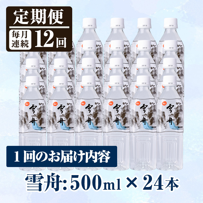 ＜定期便・全12回(毎月)＞ナチュラル ミネラル ウォーター 雪舟 (総量288本・500ml×24本×12回) 定期便 国産 鉱泉水 お水 ドリンク 大自然 天然 料理 健康 維持 防災 常温 保存 12回【HD251】【さいき本舗 城下堂】