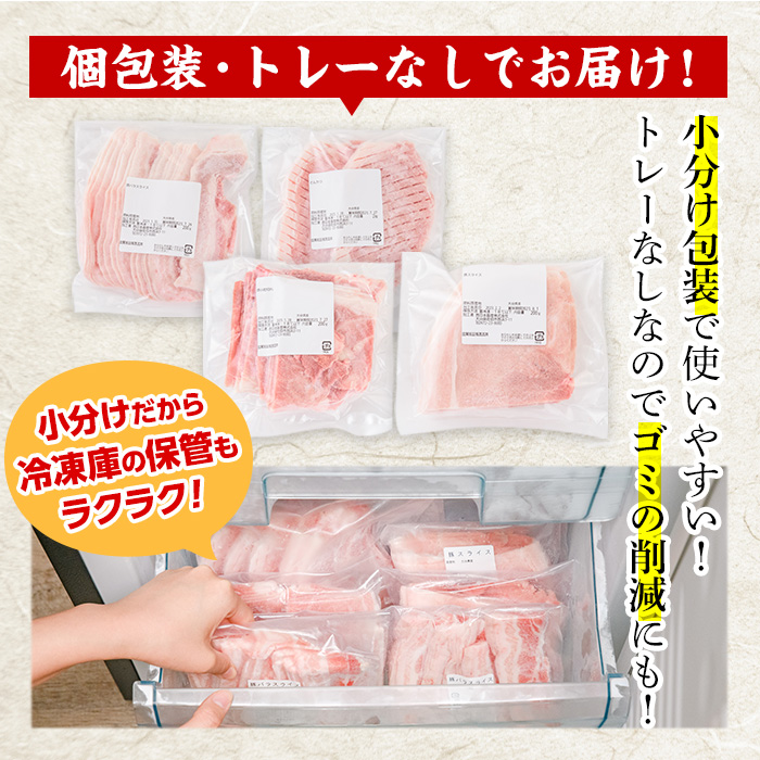 ＜お試し用＞豚肉 バラエティーパック(合計800g・4種)豚バラ しゃぶしゃぶ 鍋 とんかつ ロース 小分け 個包装 豚こま 小間切れ スライス セット 詰め合わせ 詰合せ 冷凍 食べ比べ 国産 大分県 佐伯市【BD211】【西日本畜産株式会社】