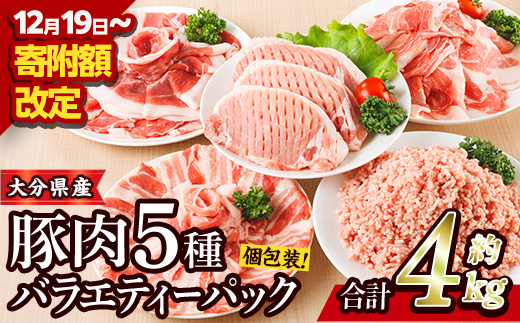豚肉 バラエティーパック (合計4kg・5種)豚バラ しゃぶしゃぶ 鍋 とんかつ ロース 小分け 個包装 豚こま 小間切れ スライス ミンチ セット 詰め合わせ 冷凍 食べ比べ 国産 大分県 佐伯市【BD325】【西日本畜産】