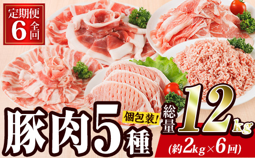 ＜定期便・全6回 (毎月)＞ 豚肉 バラエティーパック (2kg×6回・総量12kg) 豚バラ しゃぶしゃぶ 鍋 とんかつ ロース 小分け 個包装 豚こま 小間切れ スライス ミンチ 5種 セット 詰め合わせ 冷凍 食べ比べ 国産 大分県 佐伯市【BD322】【西日本畜産】