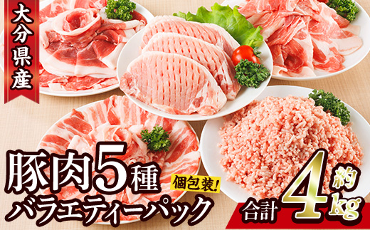 ＜1回配送＞ 豚肉 バラエティーパック (合計4kg) 豚バラ しゃぶしゃぶ 鍋 とんかつ ロース 小分け 個包装 豚こま 小間切れ スライス ミンチ 5種 セット 詰め合わせ 冷凍 食べ比べ 国産 大分県 佐伯市【BD325】【西日本畜産】