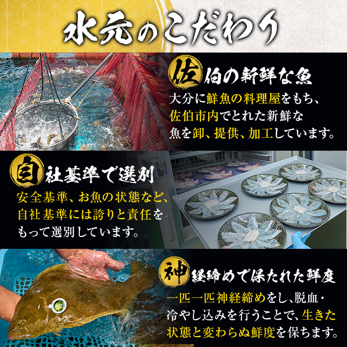 大分県産 かぼすヒラメ刺身セット (計240g・かぼすヒラメ60g×4皿、醤油ダレ30ml×4個) かぼす 平目 刺身 鮮魚 冷凍 養殖 国産 大分県 佐伯市 【GO006】【(株)水元】