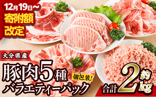 豚肉 バラエティーパック (合計2kg・5種)豚バラ しゃぶしゃぶ 鍋 とんかつ ロース 小分け 個包装 豚こま 小間切れ スライス ミンチ セット 詰め合わせ 冷凍 食べ比べ 国産 大分県 佐伯市【BD320】【西日本畜産】